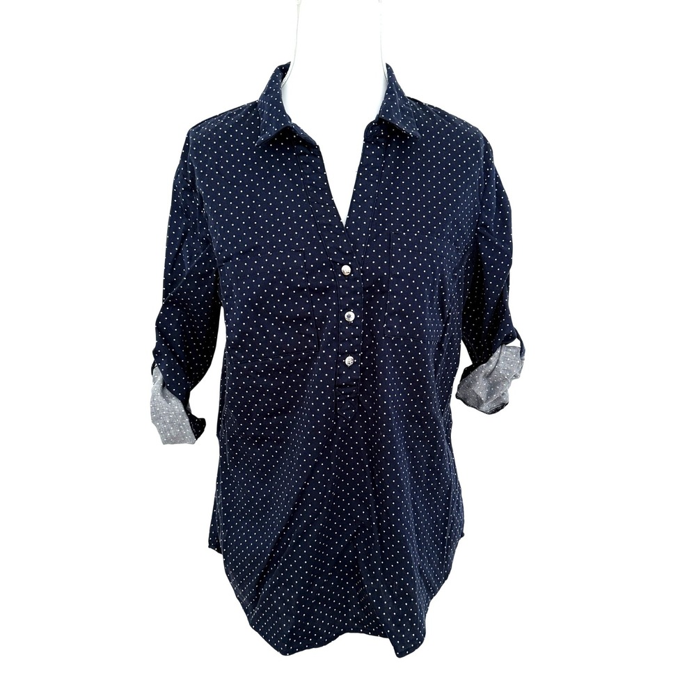 New York & Company Top Womens Large Navy Polka Dot Roll Tab Sleeve Henley Blouse